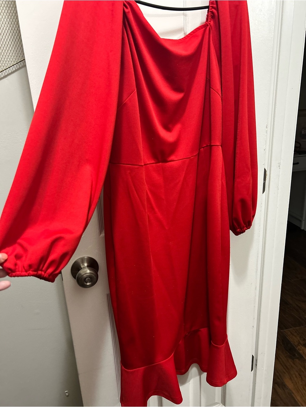 Red Long Sleeve Midi Dress with Ruffle Hem